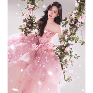 粉色抹胸晚礼服裙女轻奢小众高端主持人订婚小个子生日成人礼女孩