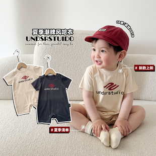 印花爬服ins风潮新生儿衣服 哈衣超萌宝宝短袖 婴儿连体衣夏装 薄款