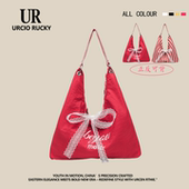 红色条纹双面包帆布包韩国慵懒风托特学生大容量休闲单肩包袋女