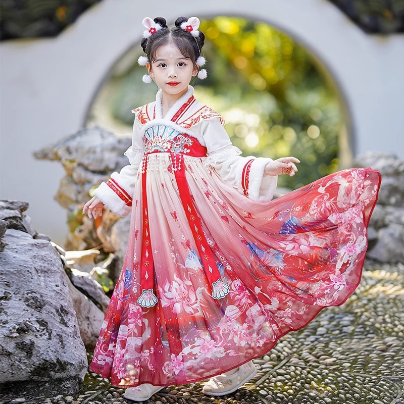 女童汉服裙加绒冬装小女孩裙子冬季新款中国风古装儿童连衣裙