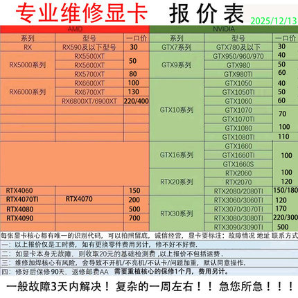专业显卡维修花屏短路不亮3060Ti 3070 3080 3090 4070 4080 4090