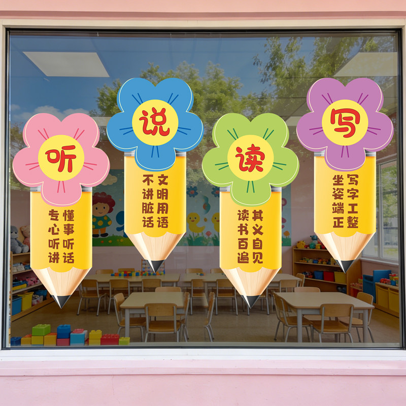 听说读写励志文字标语墙贴画教室玻璃贴纸班级文化墙面装饰窗花贴
