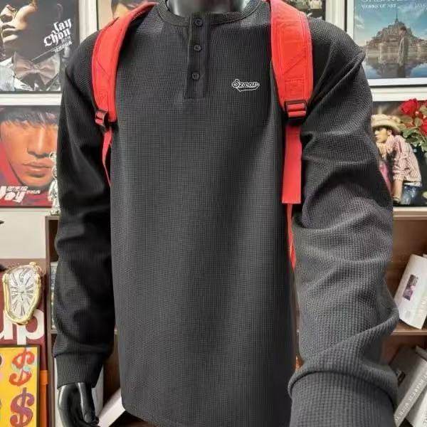 黑色美式亨利领卫衣男款春秋华夫格长袖t恤高级感痞帅内搭打底衫