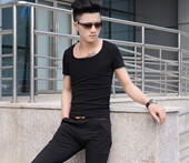 紧身大领口方领t恤男短袖 棉质修身 型运动体恤半袖 夏季 低领打底衫