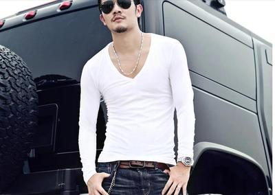 修身大v领个性长袖t恤秋衣打底衫