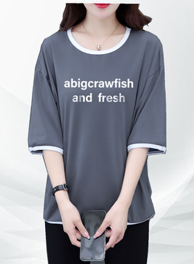 中袖T恤女纯棉七分袖宽松圆领体恤大码印花遮肚显瘦夏秋五分袖t恤