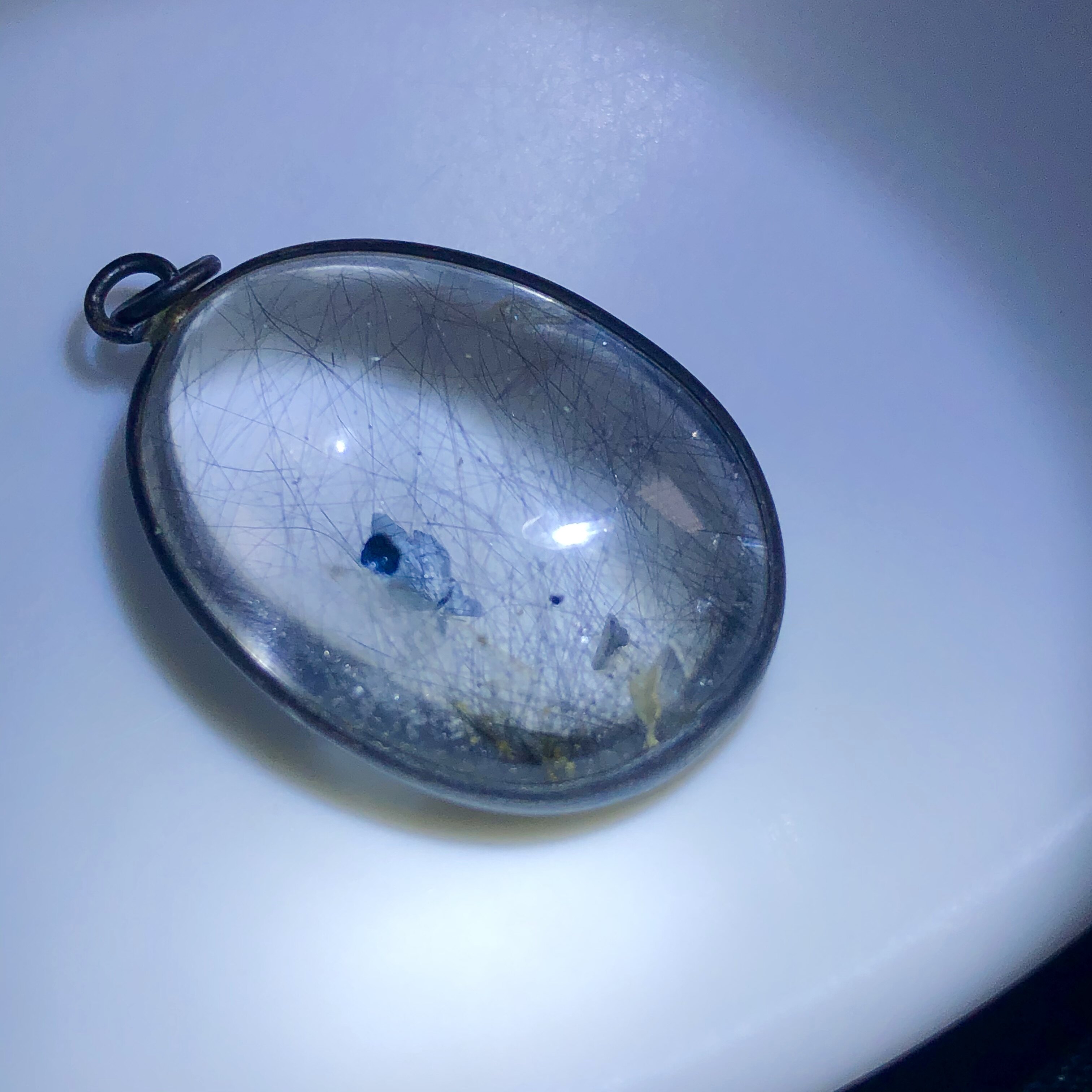 老矿天然蓝钢丝发晶云母水晶吊坠
