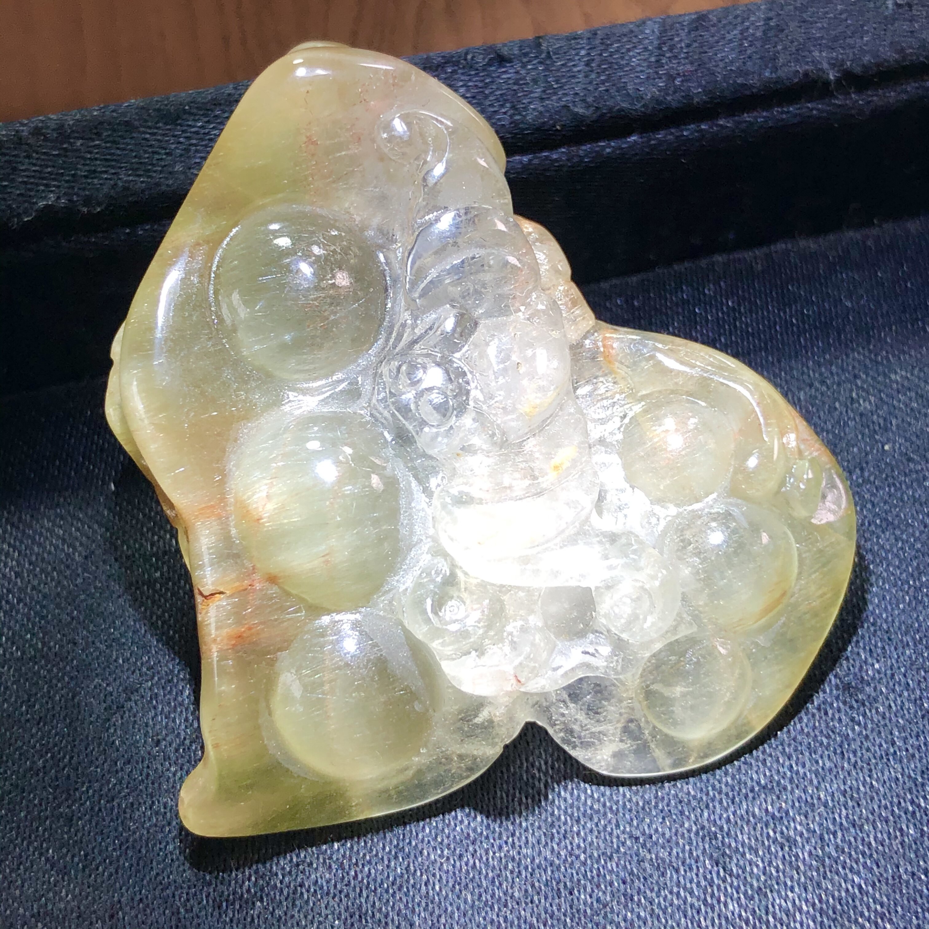 老矿料巴西天然水晶绿发晶猫眼雕刻吊坠把玩 福豆