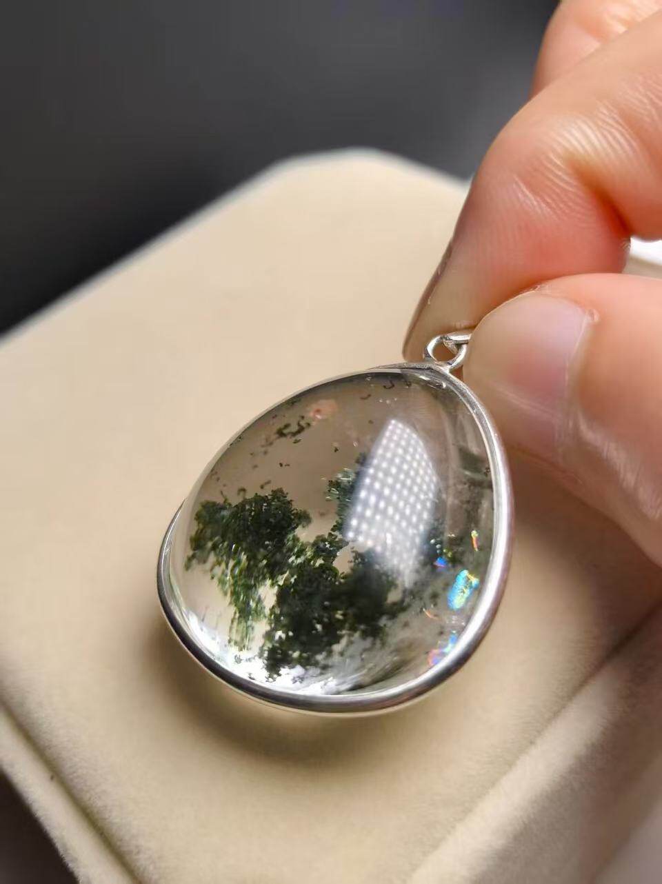 无任何优化巴西老矿象形天然彩虹绿幽灵水晶吊坠纯银镶嵌