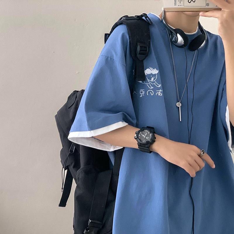 夏季新款假兩件短袖T恤男印花五分袖上衣