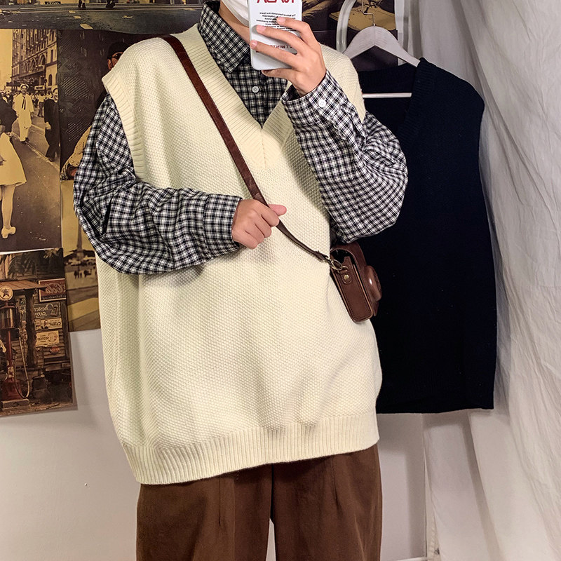 日系V領針織背心寬鬆外穿馬甲韓版潮毛衣