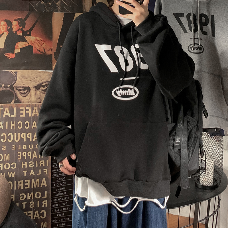 Autumn / winter loose hooded sweater men's Hong Kong style letter printing