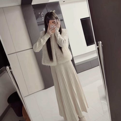 秋冬套装网红新款温柔显瘦气质仿皮立领毛毛马甲针织+中长半身裙