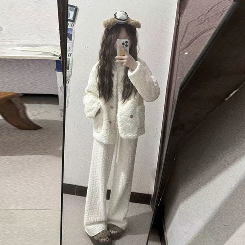 快手网红同款秋冬慵懒休闲香风宽松毛绒外套+针织加绒阔腿裤套装