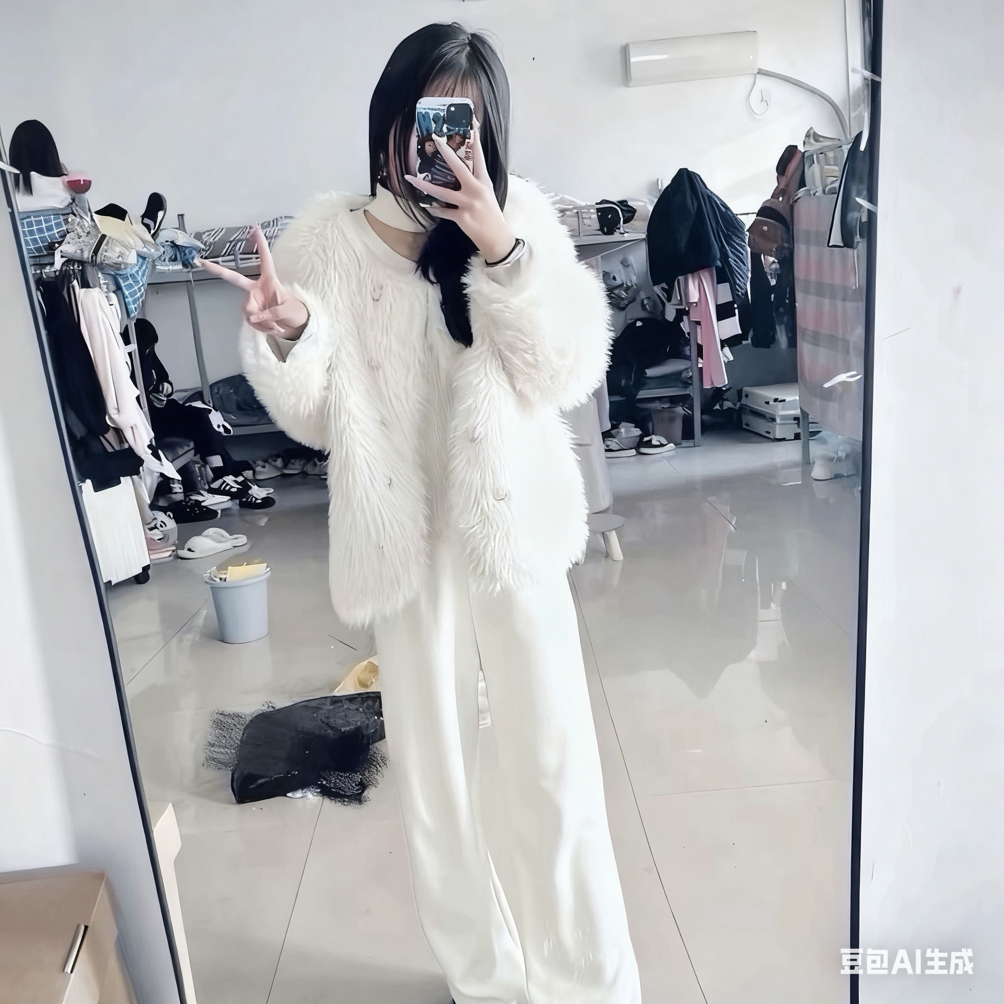 网红同款秋冬套装慵懒夹棉香风宽松皮草毛绒外套+针织加绒阔腿裤