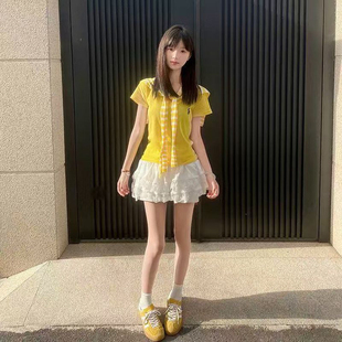 网红同款 A字蓬蓬蕾丝蛋糕短裙 减龄条纹披肩V领刺绣针织短袖 上衣