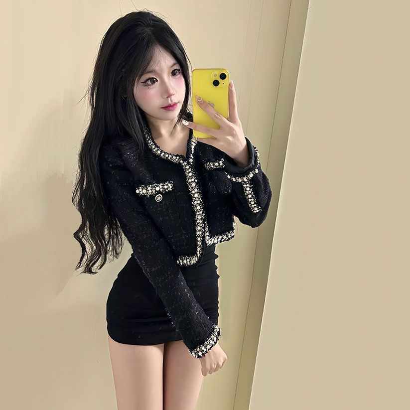 快手网红同款纯欲辣妹重工钉珠小香风短款外套+吊带包臀连衣裙