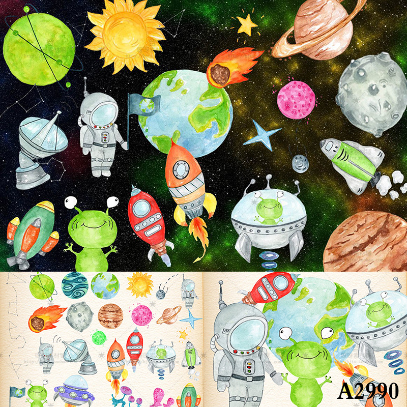 手绘水彩卡通插画宇宙飞船星球宇航员星空银河背景PNG免抠图素材