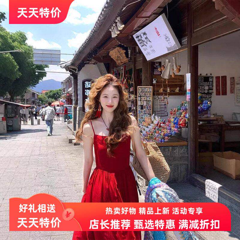 法式大理红色露背连衣裙夏季女性连衣裙