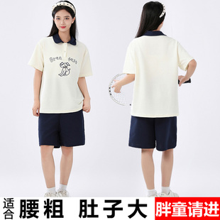 胖女童短袖t恤短裤套装夏季薄款中大童加肥加大运动polo衫两件套