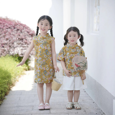 2026夏季新款中国风手工盘扣棉碎花新中式女童旗袍短袖姐弟装汉服