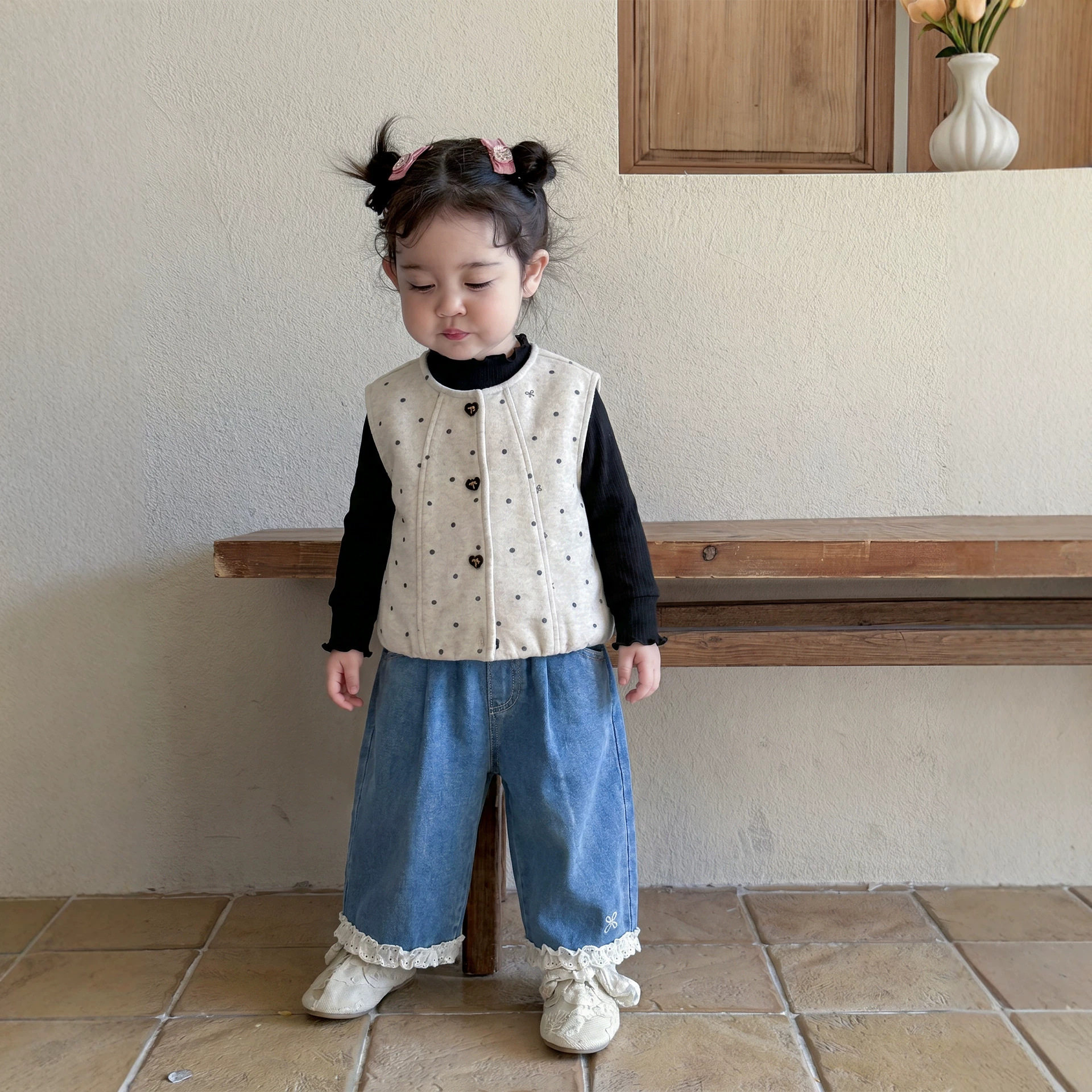 女童2026秋款长袖针织打底衫牛仔裤儿童套装宝宝婴幼童马甲三件套