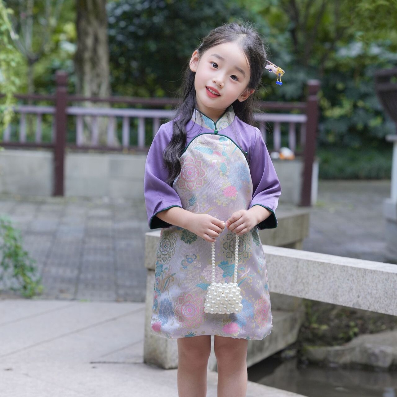 2026春季织锦缎长袖旗袍裙新款女童斜襟仿真丝中国风复古旗袍春秋