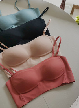 春夏光面无痕抹胸文胸肩带绿色可拆卸无钢圈聚拢上托薄棉内衣套装