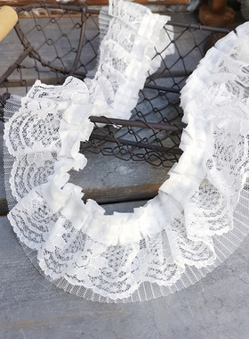 7cm宽米白三层蕾丝雪纺欧根纱褶皱花边 洛丽塔风服饰袖口衣领娃衣