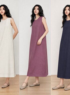 海天苏抚服饰女士直筒纯汉麻圆领无袖连衣裙气质背心裙长款HM2602