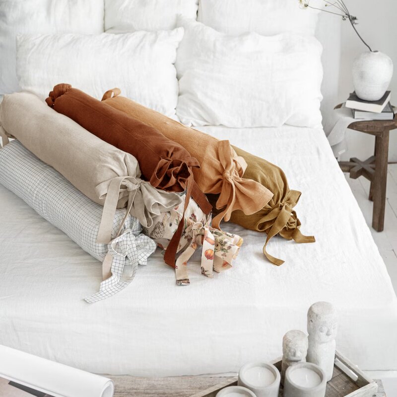 100%亚麻面料纯色糖果颈椎枕助眠睡觉专用护颈圆柱形小枕头套定制