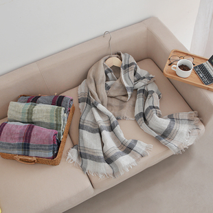 时尚 格子丝巾披肩两用韩版 百搭纱巾 秋冬经典 纯亚麻围巾女2020新款