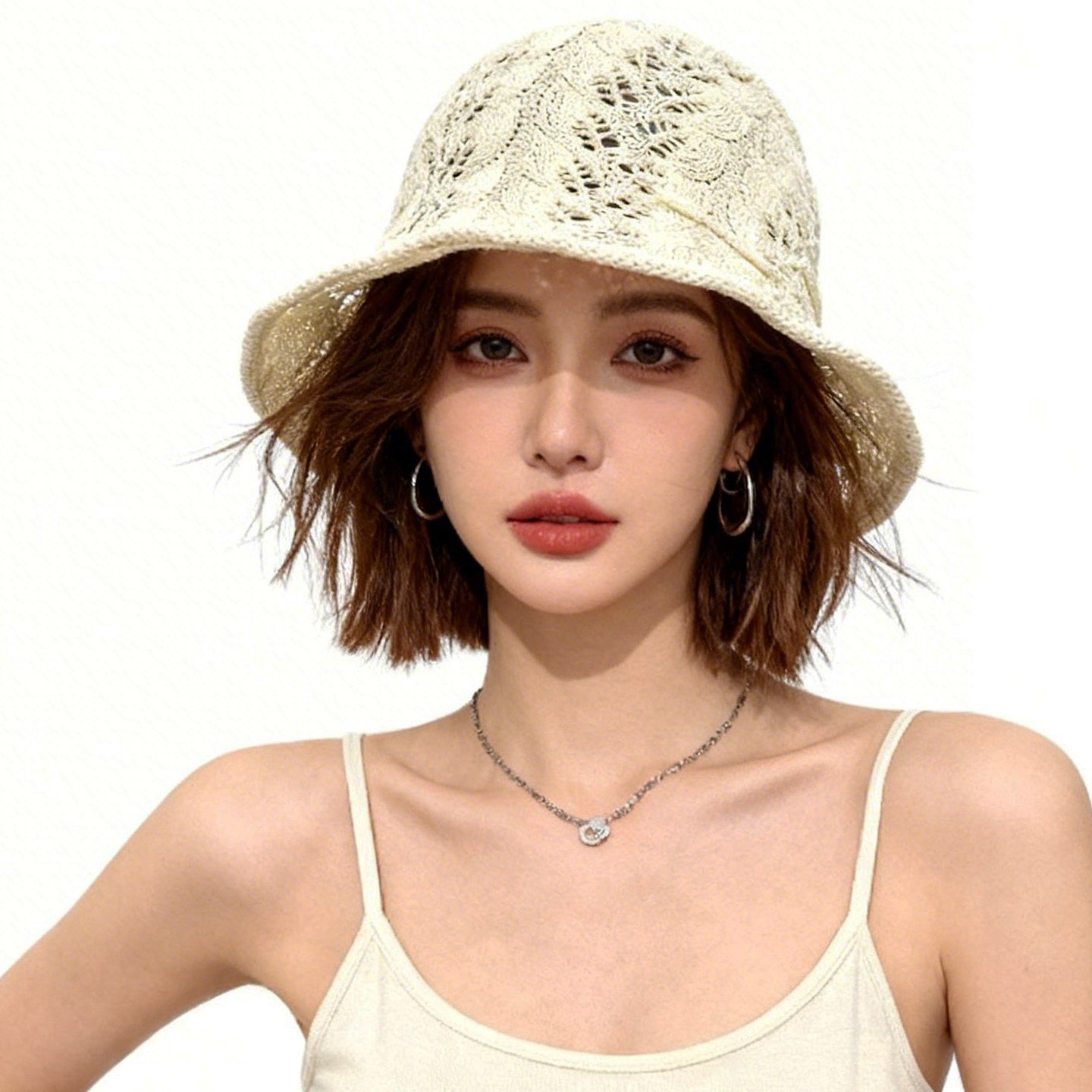 韩国设计款草编镂空盆帽草帽女春夏可折叠手工编织出游凉帽渔夫帽