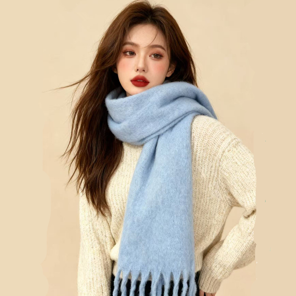 韩版2025冬季浅蓝色围巾女加厚拉毛保暖披肩围脖户外逛街出游防寒