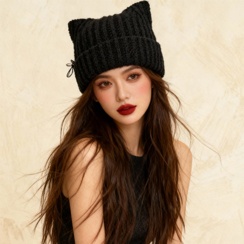 破洞针织纯色猫耳朵针织毛线帽子女冬天保暖护耳帽韩版复古冷帽男