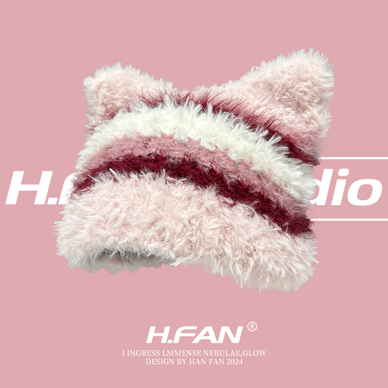 韩版2024冬季新款可爱条纹毛绒毛线帽子女保暖护耳猫耳朵针织冷帽