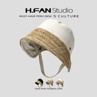 布草拼接小众设计韩国2025新款百搭遮阳帽复古小清新草编渔夫帽女