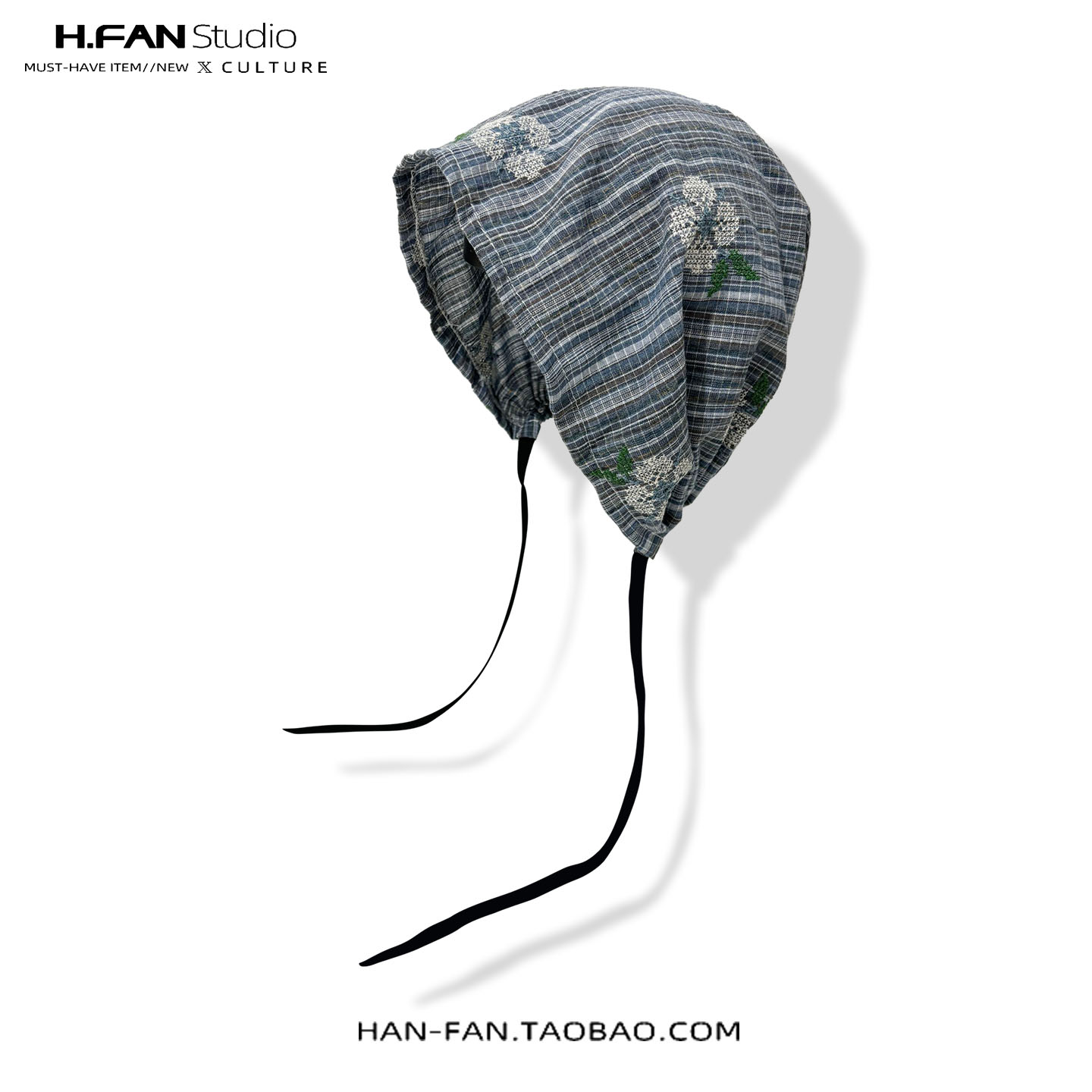 日系复古格纹刺绣花朵头巾帽子女2025秋季薄款包头帽百搭文艺冷帽