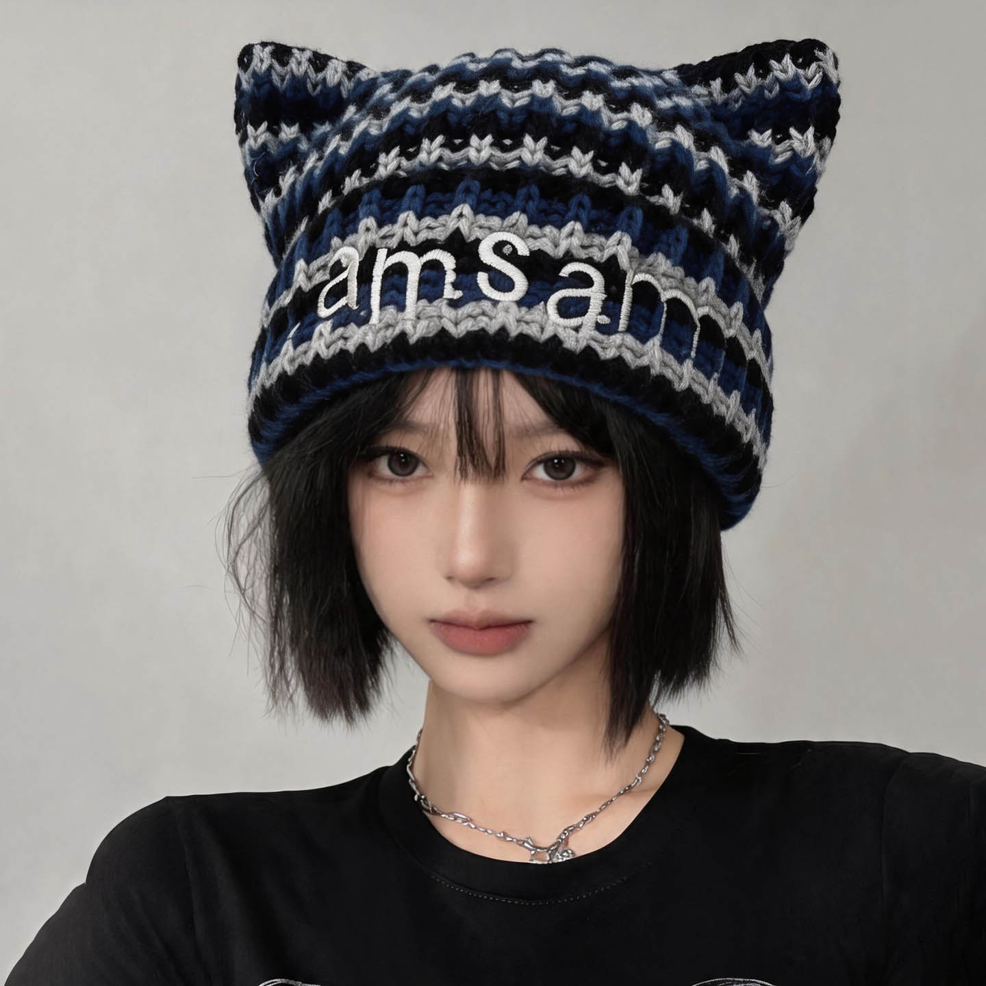 藏蓝色条纹针织猫耳朵冷帽子女韩国2026秋冬护耳保暖毛线帽大头围