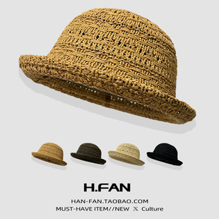 新款草帽卷边纯色渔夫帽夏季缕空透气防晒遮阳显脸小百搭盆帽子女