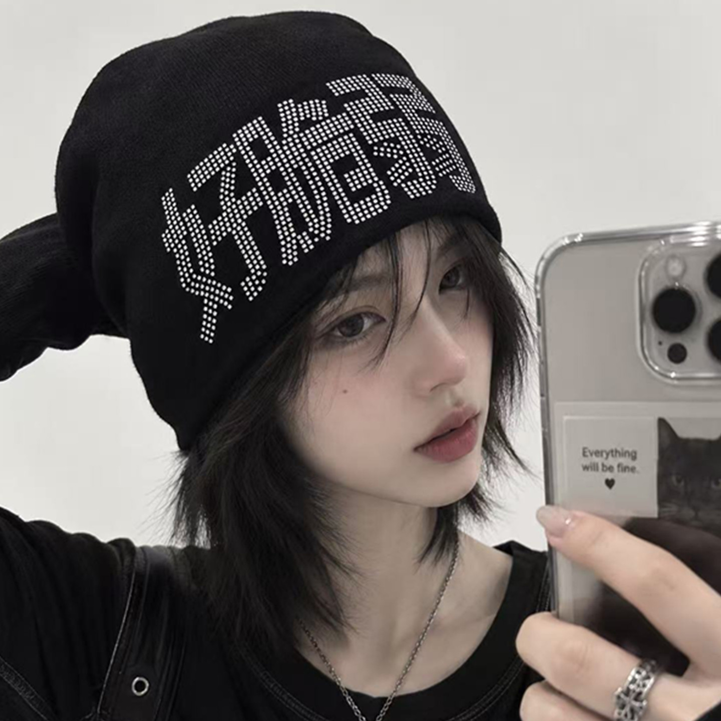 好脆弱最坚强水钻针织包头帽子女秋冬季保暖护耳堆堆帽网红个性