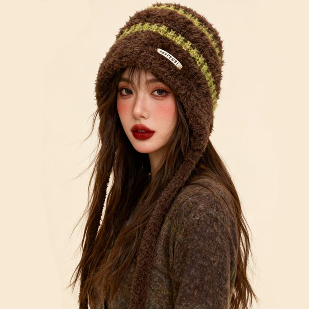 咖啡撞绿色小众百搭护耳毛线子女显肤白色冬季保暖加厚针织雷锋帽