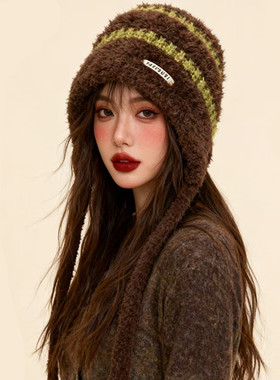 咖啡撞绿色小众百搭护耳毛线子女显肤白色冬季保暖加厚针织雷锋帽