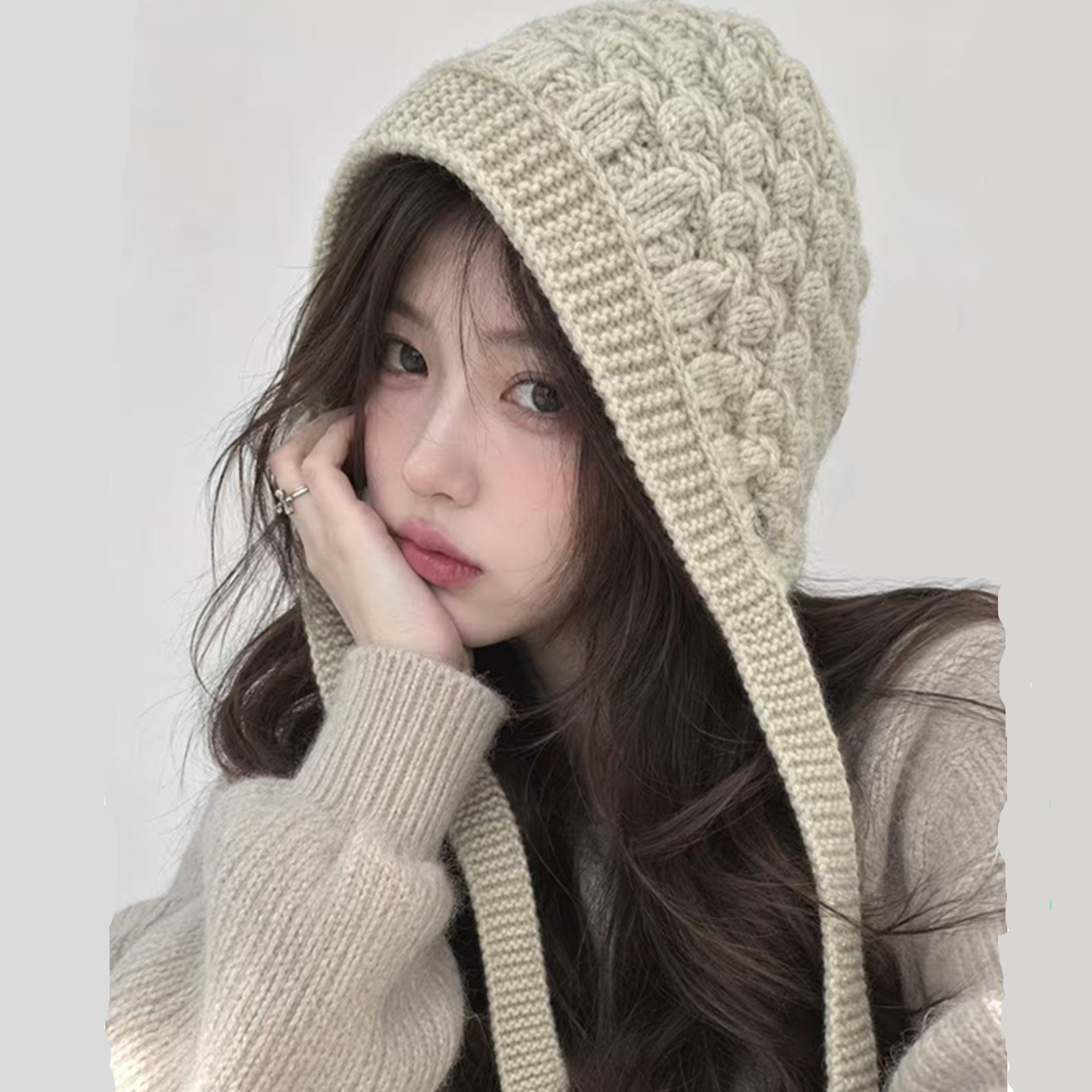冬天帽子女麻花毛线帽百搭显脸小针织帽慵懒风宽松保暖护耳套头帽