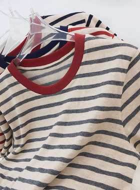 JU减龄!温柔显白米色条纹圆领短袖T恤女夏季宽松显瘦休闲学生上衣