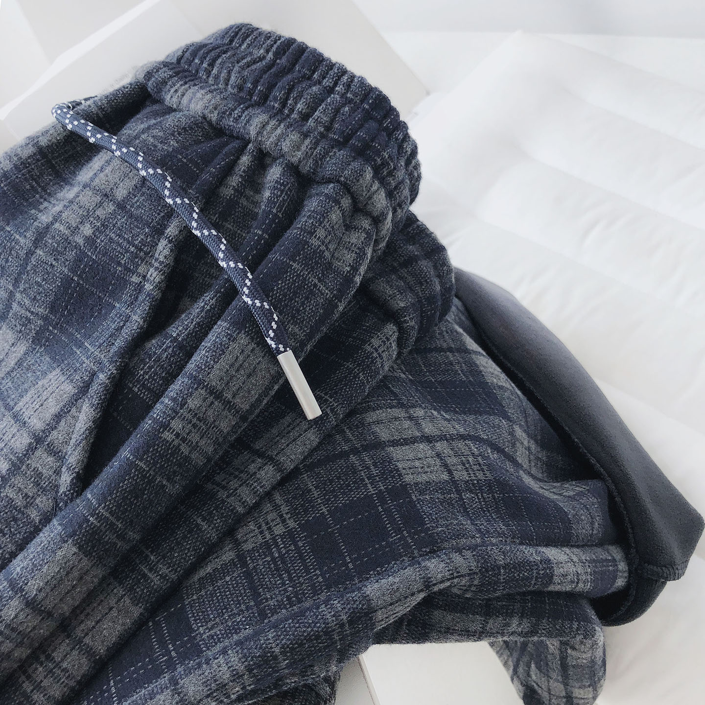 加绒加厚格子直筒阔腿裤女拖地裤