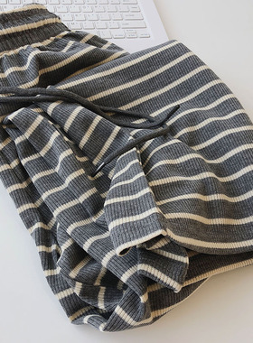 JU显瘦厚实条纹针织裤女春秋百搭高腰直筒阔腿裤宽松休闲拖地长裤