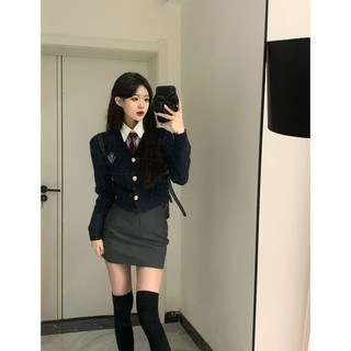 韩系辣妹纯欲学院风制服套装包臀裙女秋冬jk短款修身针织开衫外套