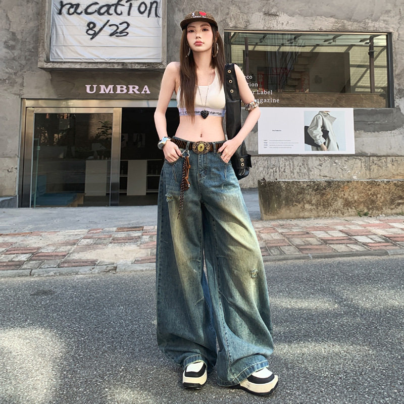 2026春装新款阔腿裤女装牛仔裤弯刀裤复古怀旧蓝牛仔长裤，加长