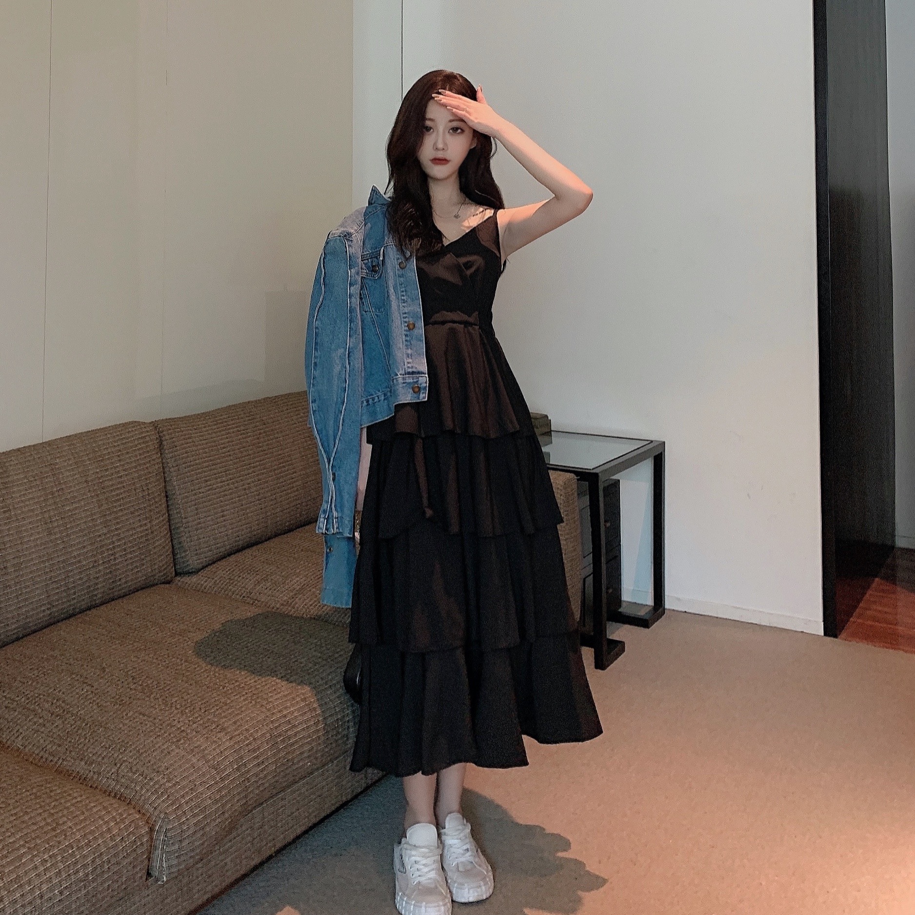 Real price big size women's dress fat slim show thin collar medium length cake skirt solid color suspender dress women's dress